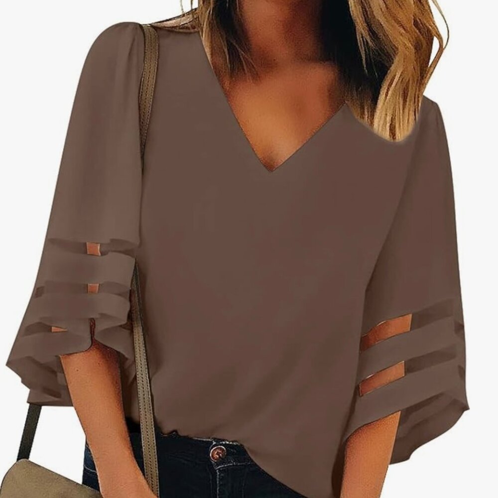 Chic V-Neck Brown Blouse with Cut-Out Sleeves